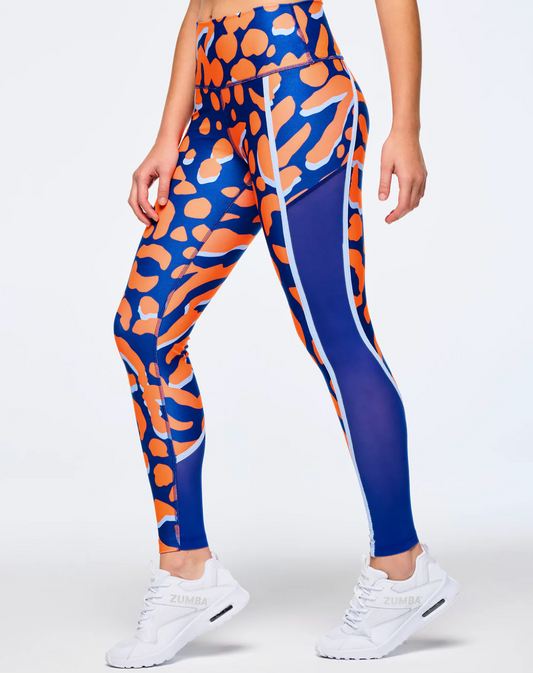 Victory High Waisted Ankle Leggings With Side Inserts - Orange/Blue