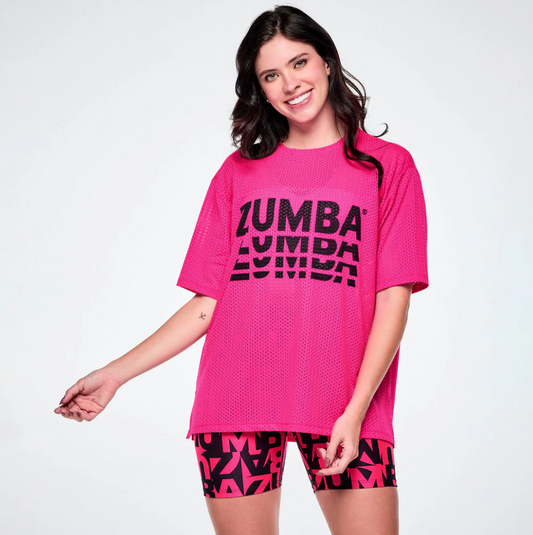 Ultrabright Mesh Boxy Top With Side Slits - Pink