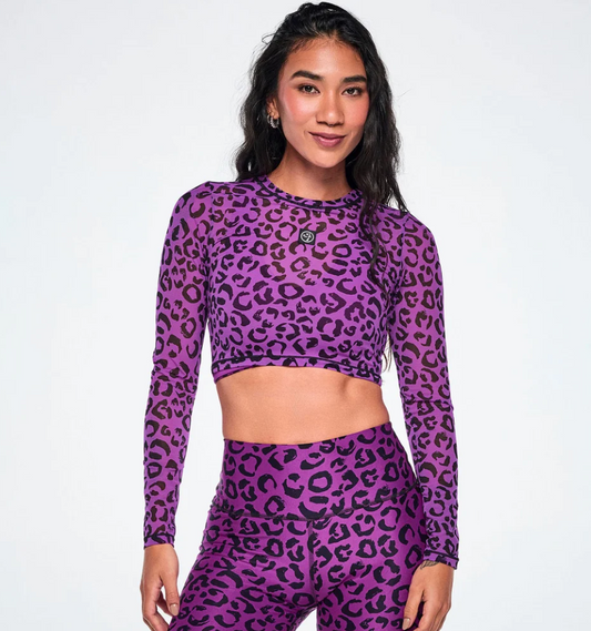 Ultrabright Long Sleeve Mesh Crop Top - Snakeskin Purple