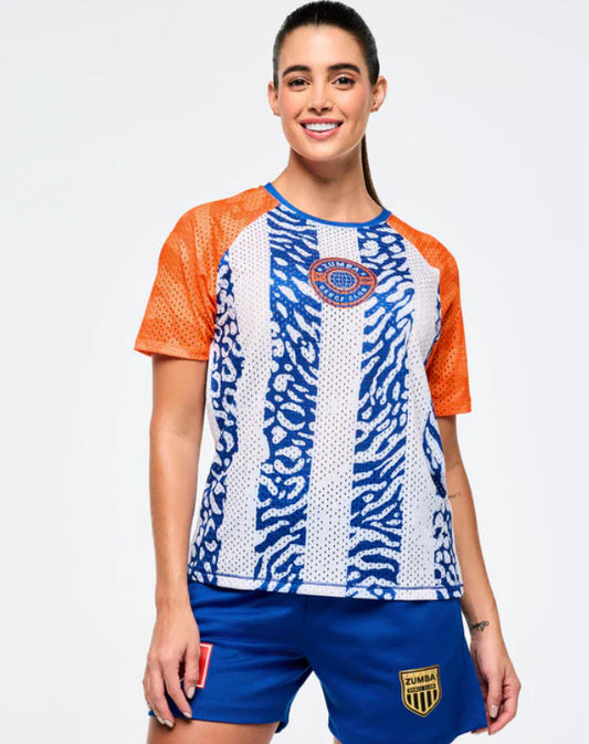 Victory Mesh Crew Neck Raglan Sleeve Top - White/Blue
