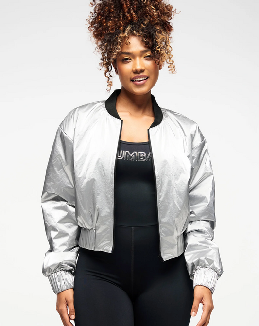 Zumba Runway Crop Zip Up Puff Bomber Jacket - Silver Small