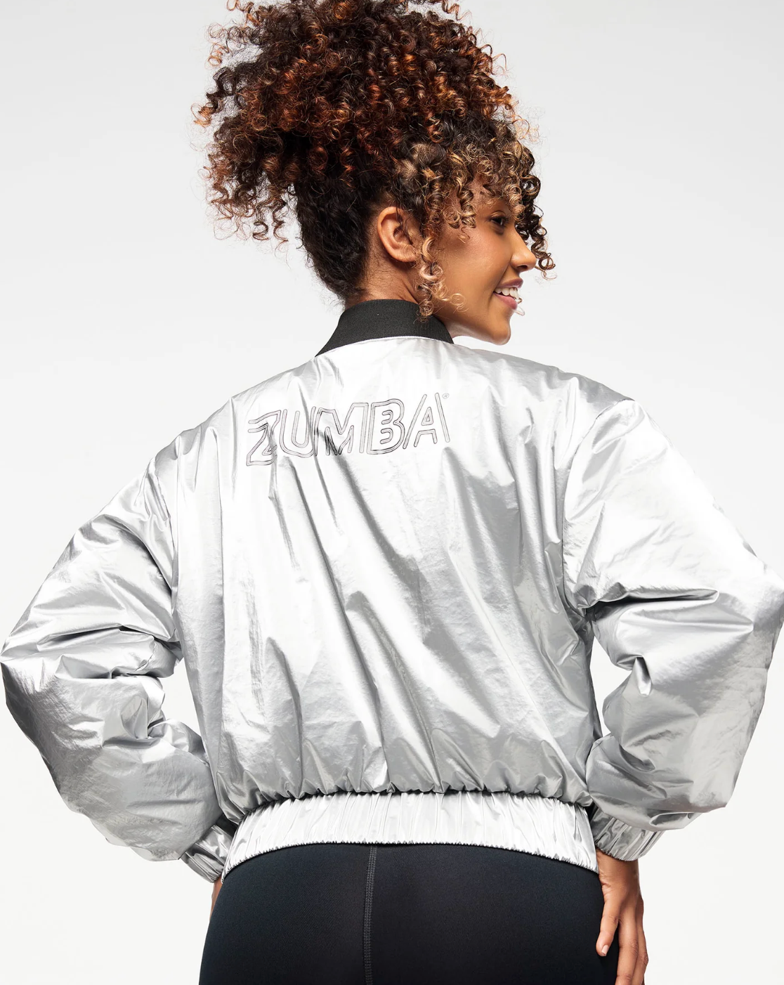 Zumba Runway Crop Zip Up Puff Bomber Jacket - Silver Small